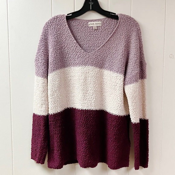 KNOX ROSE Womens Color Block V-neck Pullover Sweater SIZE Large Chunky Knit - Picture 1 of 7